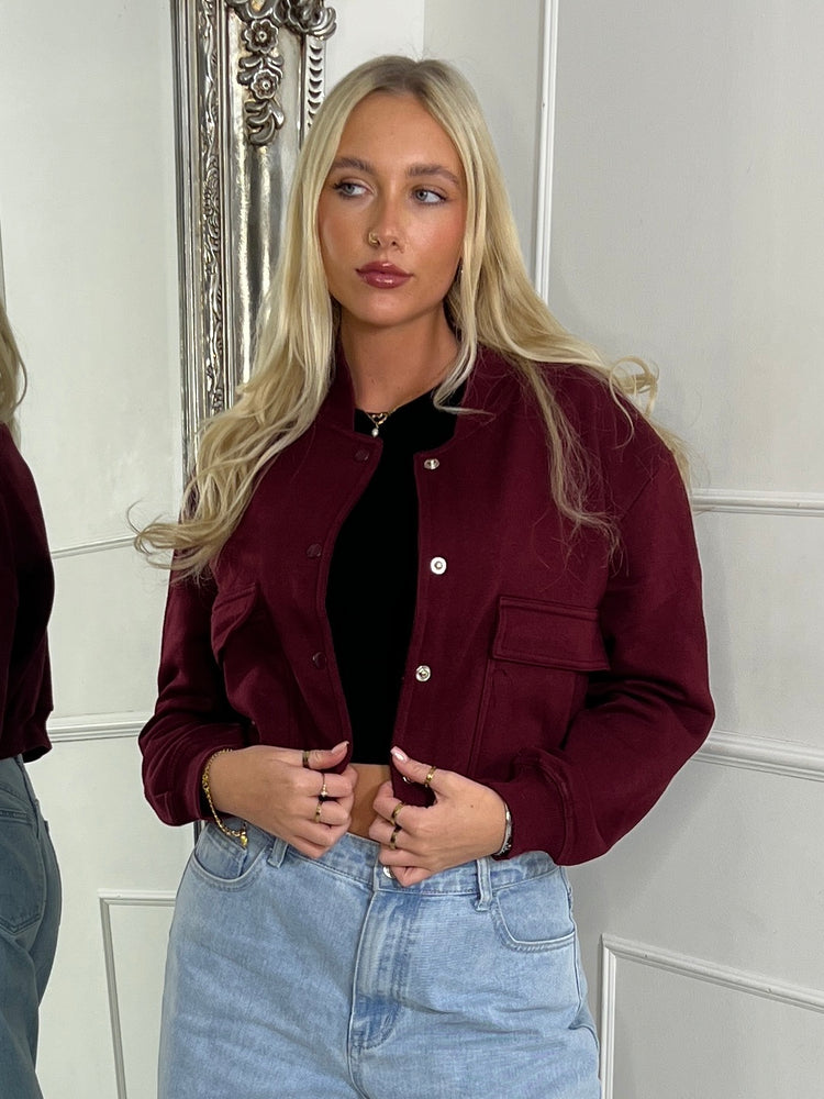 Soft Cotton Cropped Pocket Detail Bomber Jacket - Wine Burgundy