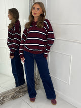 Stripe Detail Knitted Long Sleeve Jumper - Wine/Navy