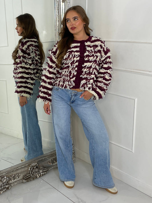 Soft Fluffy Loop Detail Cardigan - Wine/Cream Mixed