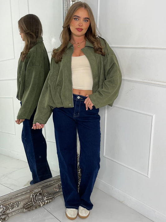 Suede Collared Oversized Bomber Jacket - Khaki