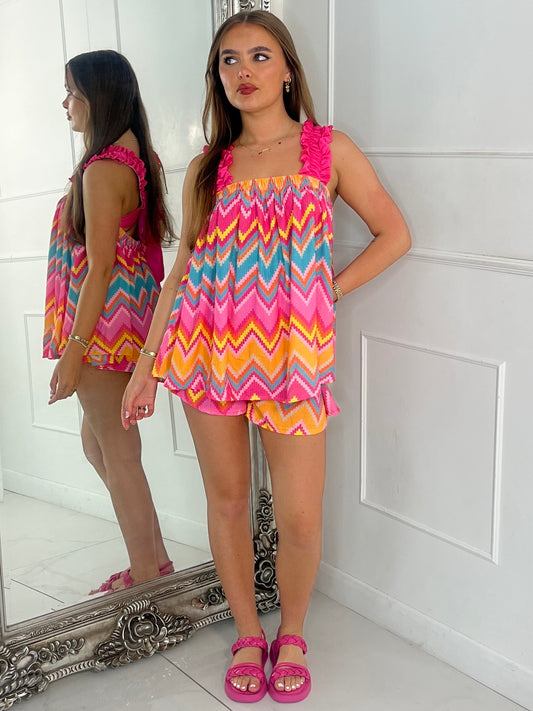 Tie-Back Ruffle Shoulder Top & Ruffle Band Shorts - Hot Pink Multi
