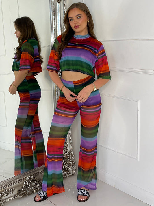 Mesh Cropped T-Shirt and Flares Co-Ord - Multi Stripe