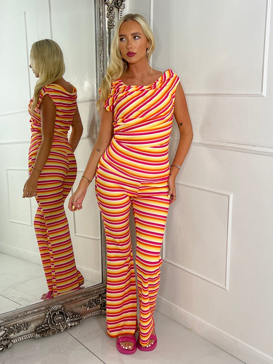 Cowl Neck Knitted Crochet Top & Flares - Multi Stripe 1