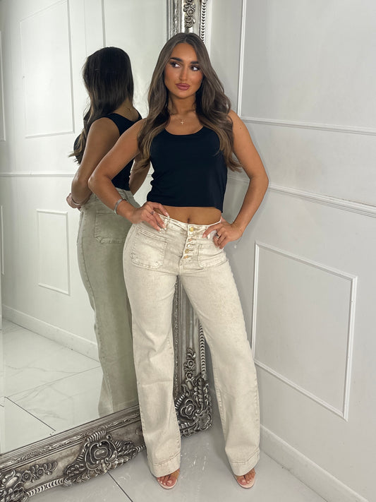 High Waist Pocket Front Jewelled Button Acid Wash Jeans - Beige