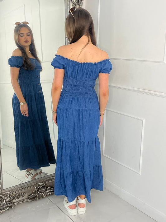 Button Detail Denim Maxi Dress - Blue