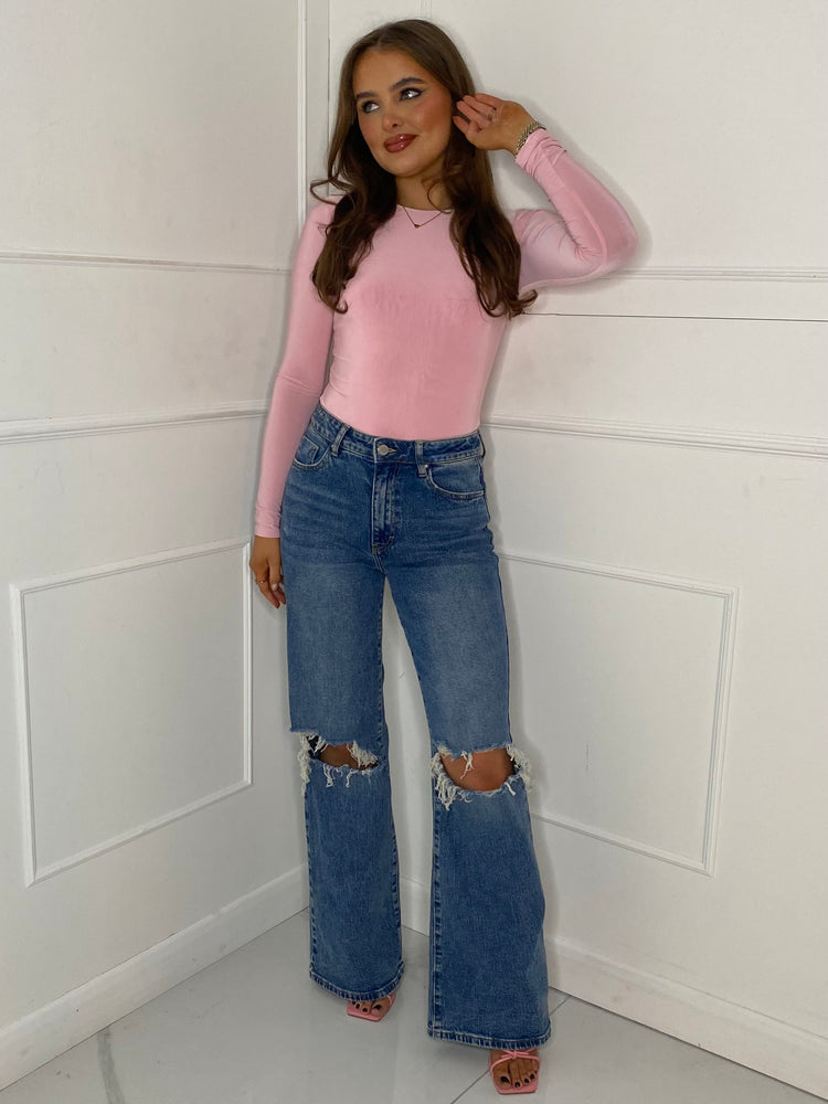 Round Neck Long Sleeve Bodysuit - Baby Pink