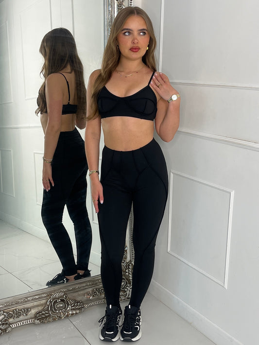 Seam Detail Bra & Leggings Set- Black