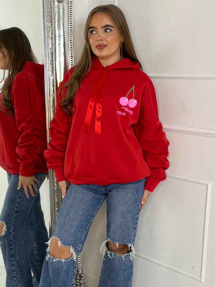 Cherry Perfection Print Ruche Sleeve Hoodie - Red