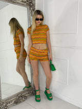 Knitted Crochet Short Sleeve Top & Fold Over Shorts Co-ord - Orange