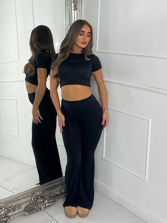 Heart Detail Crop Top & Wide Leg Pants Set - Black