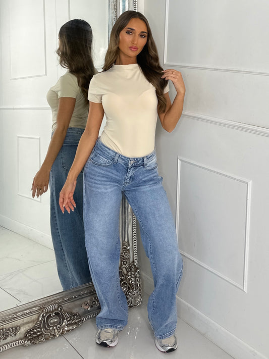 Round Neck Short Sleeve Second Skin Bodysuit - Light Beige