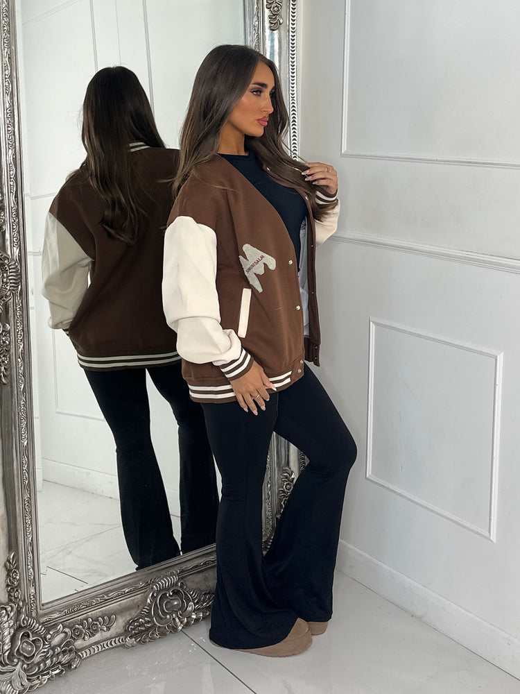Embroidered Teddy Detail Varsity Jacket - Brown/Cream