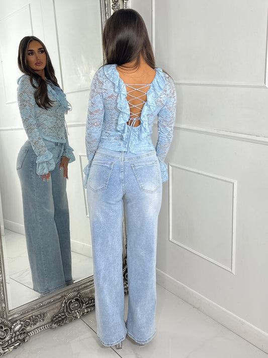 Lace Tie Front Frill Detail Long Sleeve Top - Baby Blue