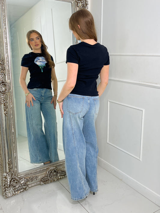 Denim-Look Sequin Fitted T-Shirt - Black