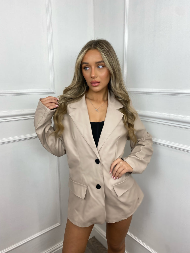 Oversized Leather Look Blazer - Cream