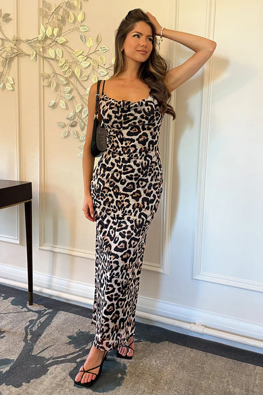 Multi Leopard Print Mesh Cowl Neck Slip Midi Dress