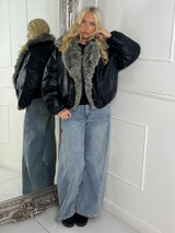 PU Faux Fur Collared Bomber Jacket - Black
