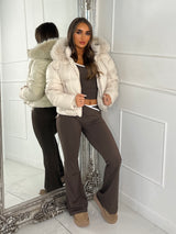 Cropped Faux Fur Trim Padded Jacket - All Cream
