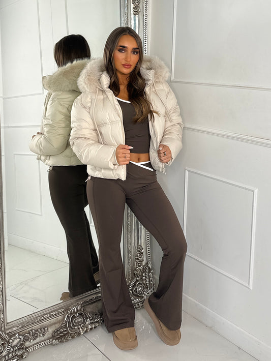 Cropped Faux Fur Trim Padded Jacket - All Cream
