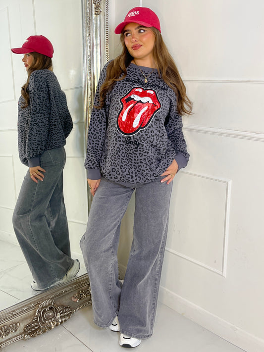 Leopard Print Lips Print Jumper - charcoal grey