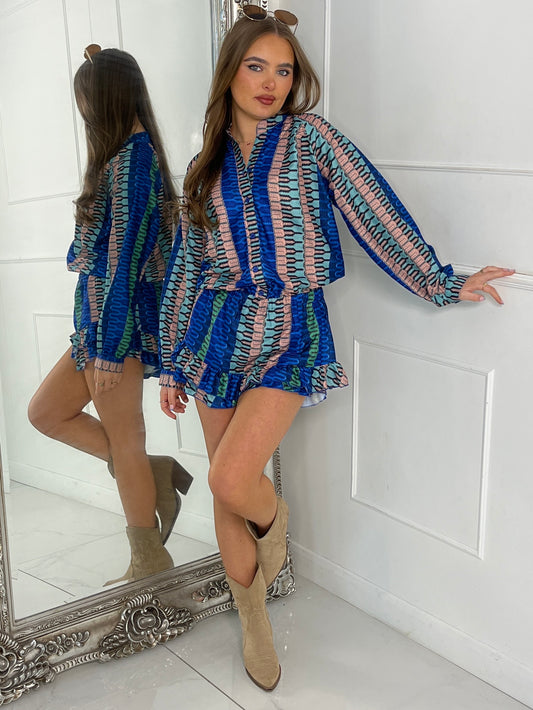 Matching Long Sleeve Shirt and Frill Skort Set - Blue Multi