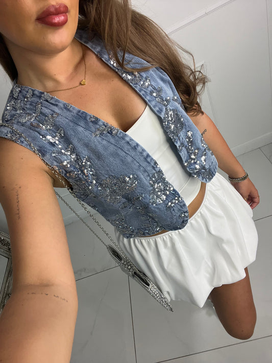Silver Sequin Detail Denim Waist Coat - Light Denim
