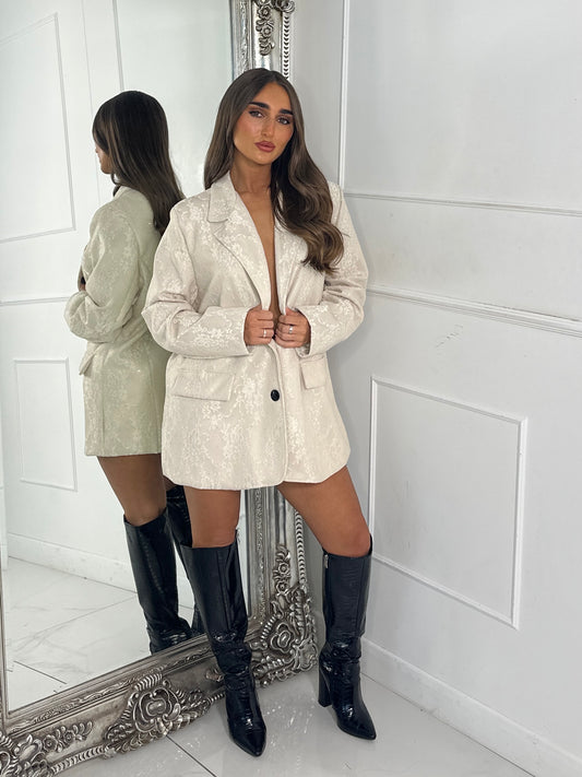 Lace Diamante Detail Oversized Blazer Dress - Cream