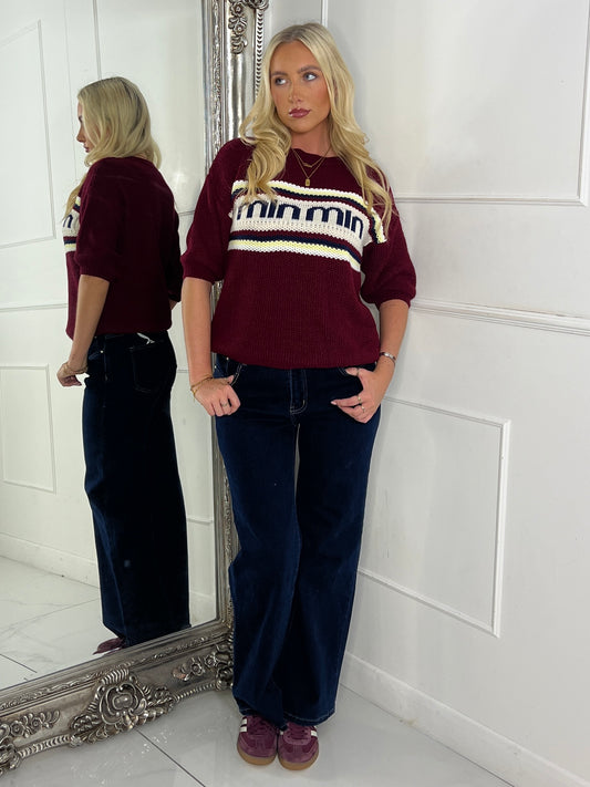 Knitted Min Slogan Jumper - Wine