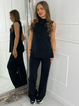 Sleeveless Knitted High Neck Top & Knitted Flares Co-Ord - Black