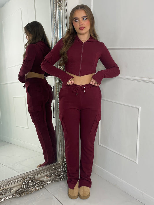 Corset detail hooded top & Ruche Back pocket Joggers Set - Wine