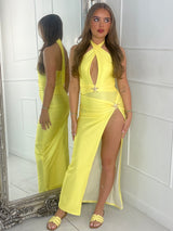 Starfish Detail Deep V Halterneck Top & Slit Midi Skirt Co-ord - Yellow