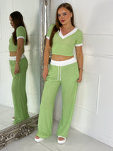 Crochet Effect V-Neck and Trousers Co-ord - Green