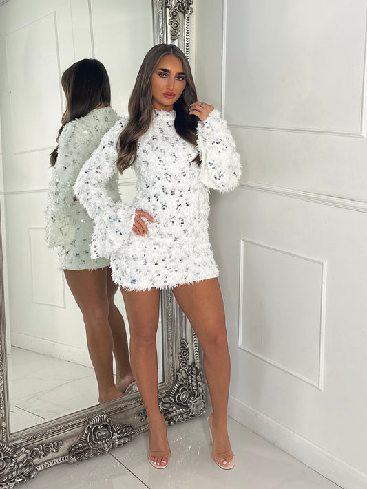 Feather Sequin Contrast Long Sleeve Dress - White