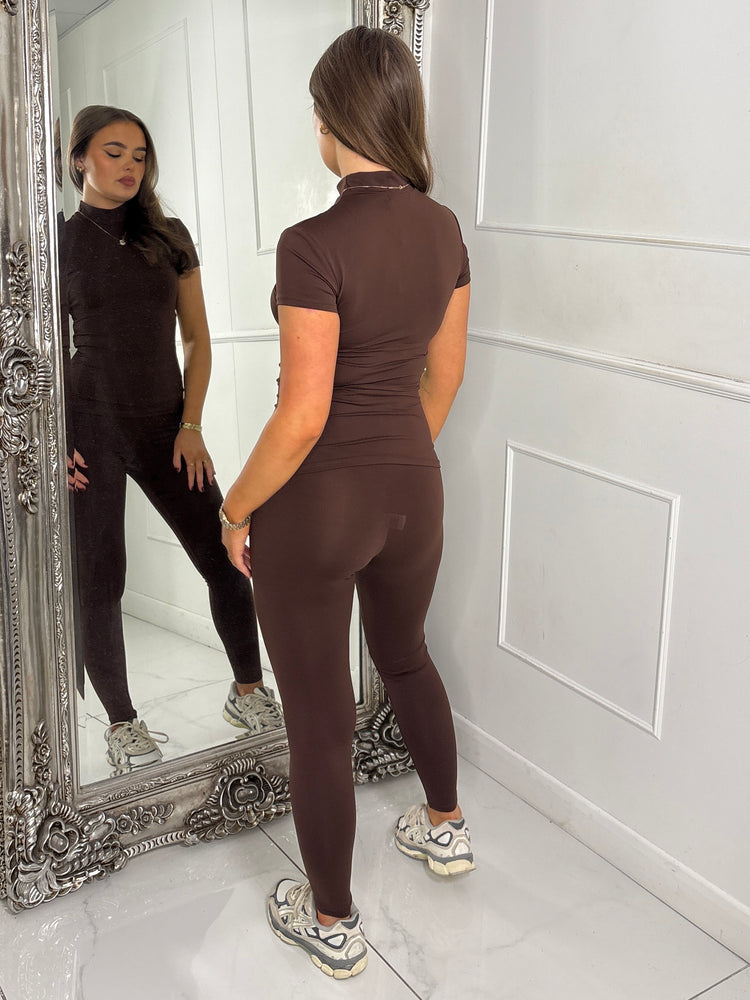 High Neck Second Skin Top & Sculpt Panel Leggings - Brown