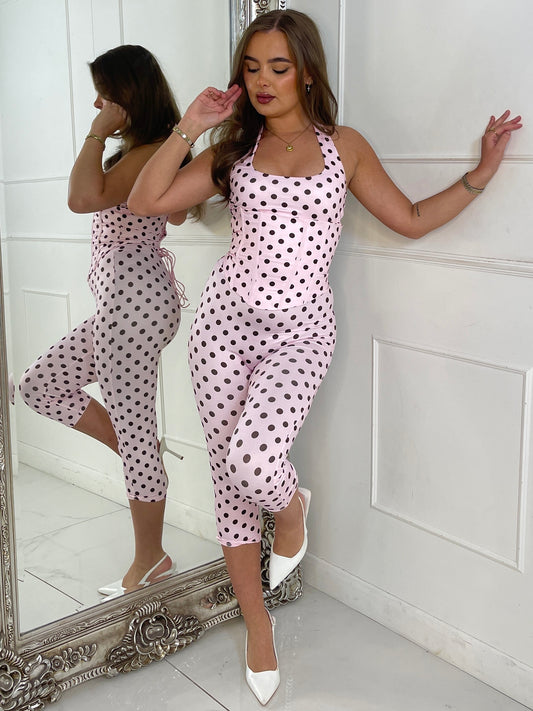 3 Piece Halter Neck Top , Corset & Capri Leggings - Baby Pink Polka Dot