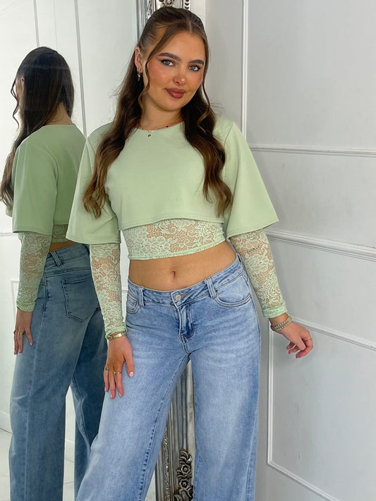Round Neck Cropped Tee With Lace Bra Underlayer & Lace Sleeves - Sage Green
