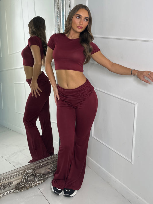 Crop Tee & Fold Over Flares Loungesuit - Wine