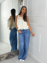 Crochet Tiered Ruffle Top - Beige
