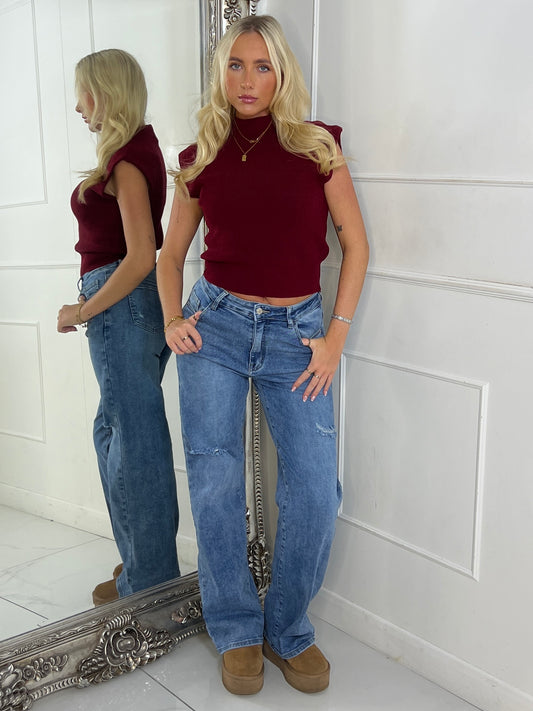 Heavy Rib Knitted Sleeveless Crop Jumper - Wine