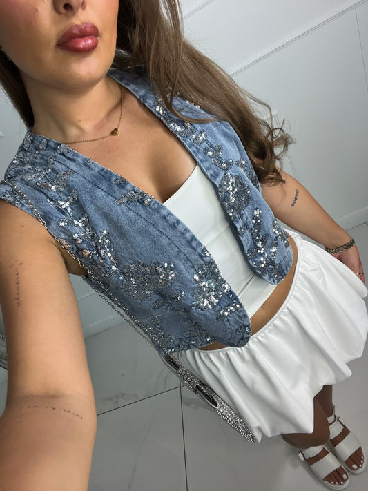 Silver Sequin Detail Denim Waist Coat - Light Denim
