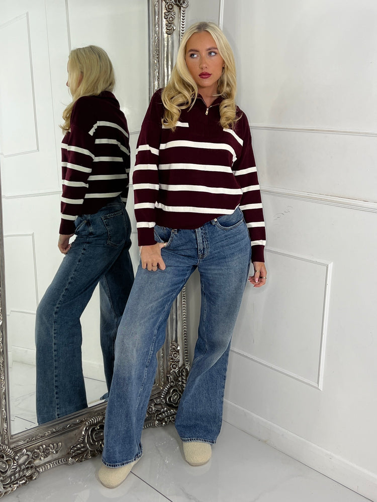 1/4 Zip Striped Jumper - Wine / Cream