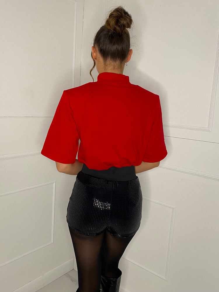 Padded Shoulder Long T-shirt - Red