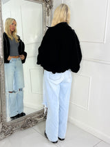 Collared Oversized Bomber Jacket - Black