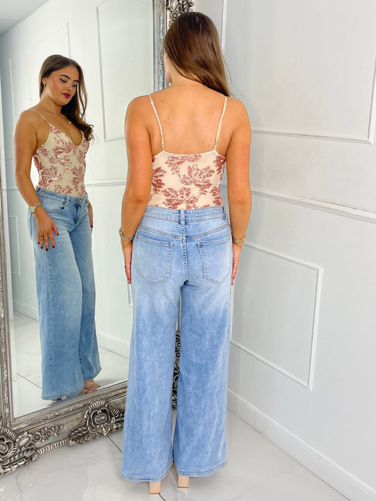 Strappy Sequin Detail Bodysuit - Beige