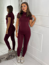 High Neck Second Skin Top & Sculpt Panel Leggings - Wine