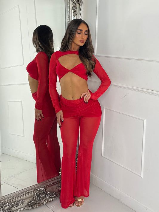 Cross Over Detail Mesh Contrast Top & Pants Co-Ord - Red
