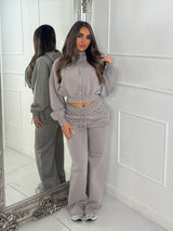 Hooded Zip Up & Double Waist Band Wide Leg Joggers Tracksuit - Dove Grey