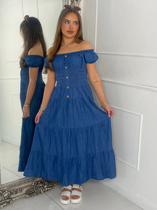 Button Detail Denim Maxi Dress - Blue