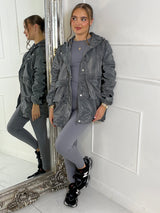 Long Ruched Sleeve Windbreaker Jacket - Charcoal Grey