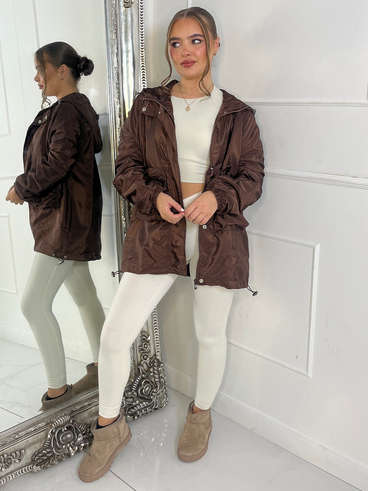 Long Ruched Sleeve Windbreaker Jacket - Brown